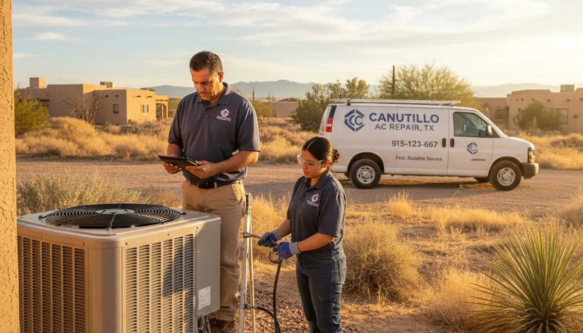Professional AC repair technician servicing air conditioner in El Paso TX home