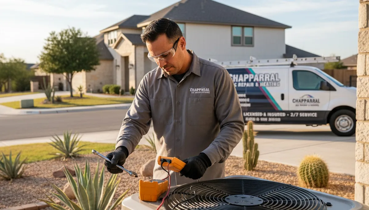 Professional AC repair technician servicing air conditioning unit in El Paso TX home