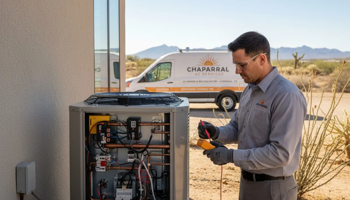 Professional AC repair technician servicing air conditioner unit in El Paso, TX