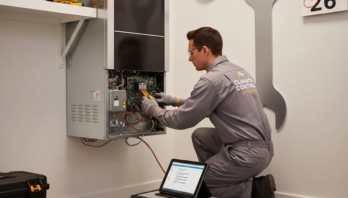 Technician repairing furnace during heating service in El Paso, TX home by Five Star Cooling