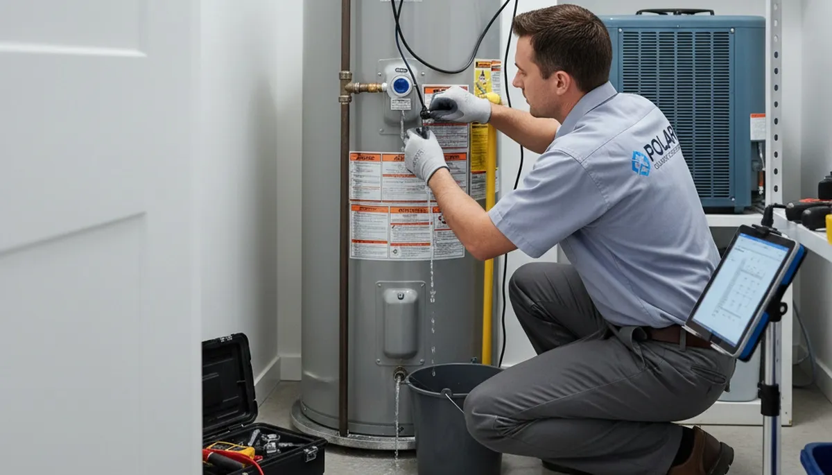 Technician repairing residential water heater unit in El Paso TX for Five Star Cooling service page
